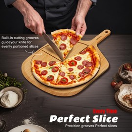 JIAFUEO Wood Pizza Peel 16 Inch Pizza Paddle Spatula Serving Board Bamboo Pizza Cutting Boards with 8 Slice Grooves and Handle for Kitchen Oven Pastry Pizzas