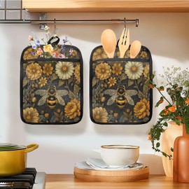 HUGANE Bumble Bee Floral Pot Holders for Kitchen, Bee Gifts for Women, Yellow and White Chrysanthemum Bumblebee Heat Resistant Hot Pads and Oven Mitts for Baking Cooking