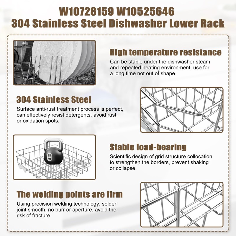 UPGRADED 304 Stainless Steel W10728159 W10525646 Dishwasher Bottom Rack Replacement