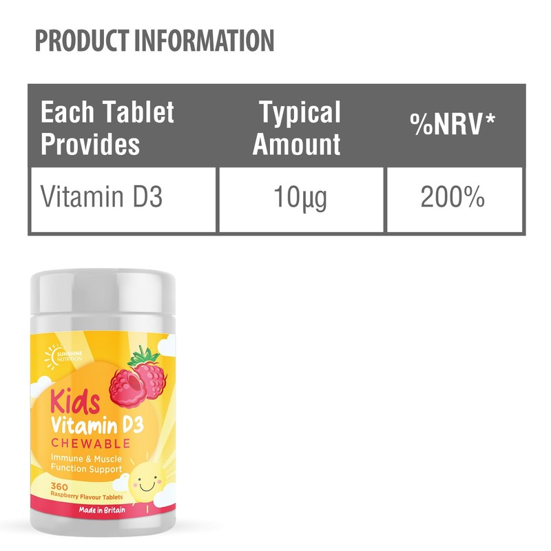 Vitamin D Chewable Supplements for Children 360 Raspberry Flavour Tablets