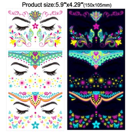 HOWAF 8 Tattoo Face Neon Party Temporary Tattoos, Black Light Make-Up UV Tattoo Sticker Face Jewellery Accessories for Women Men Black Light Party