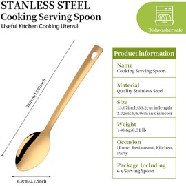 TUPMFG 6 Pieces Serving Spoons Set,Food Grade Stainless Steel Large Size Spoon Service for Kitchen, Gold/13.07 Inch