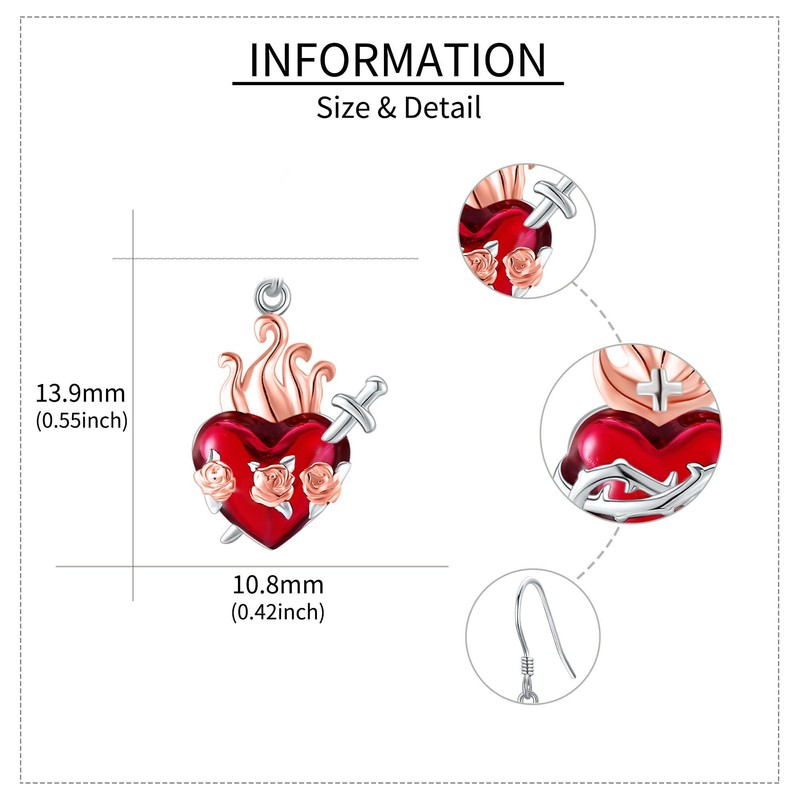 Sacred Heart Earrings Sterling Silver Red Heart of Jesus Dangle