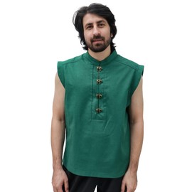KUOIN Medieval Shirt for Men Linen Viking Pirate Sleeveless Tunic with Retro Button Green Brown