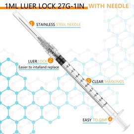 50 Pack Luer Lock 1ml 27Ga - 1 Inch Sample Measuring Syringe Lab Supplies, Individually Sealed Wrapped
