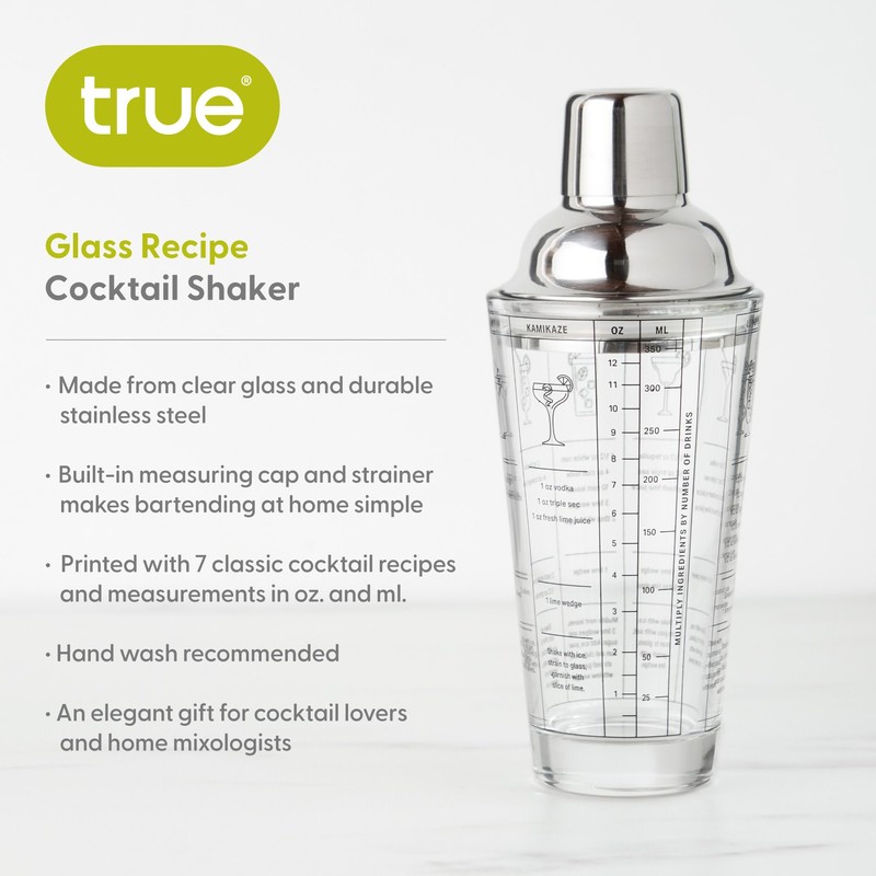 True Glass Cocktail Shaker with 7 Classic Recipes and Measurements