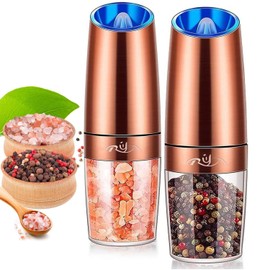 Rongyuxuan Electri Gravity Salt and Pepper Grinder Set, Ceramic Rotor, Stainless Steel,Blue LED Light,Battery Powered, Adjustable Coarseness, Support One Hand Use, Ideal partner for kitchens, Copper