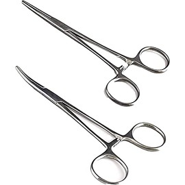 2 pcs Mosquito Hemostat Locking Forceps, Curved & Straight, Stainless Steel, 5-Inch