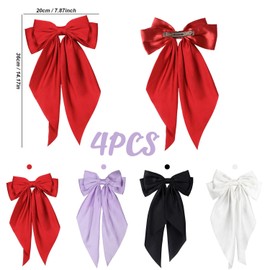 4PCS Large Satin Bow Hair Clips for Girls & Women – Long Tail Hair Bows with Metal Clip for Thick Hair, Cheerleading, Weddings, School, and Daily Wear – Black, White, Red, Purple