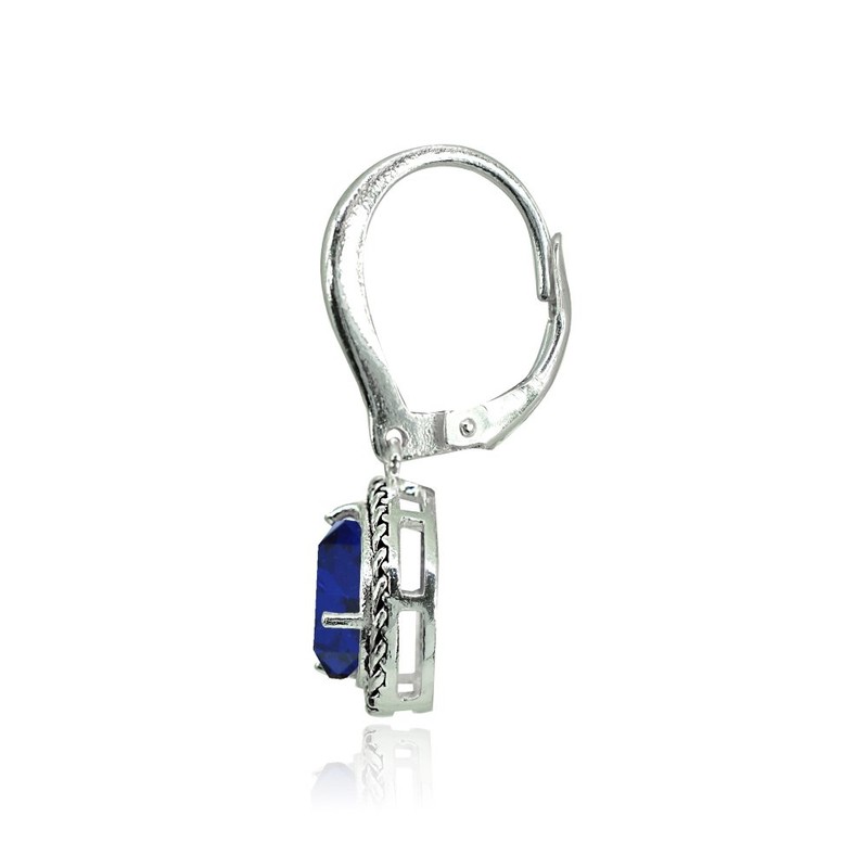 Sterling Silver Created Blue Sapphire Round Oxidized Rope Dangle Leverback
