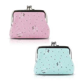 AdiStylinno 2 PCS Coin Purses, Cute Flower Print Change Purse Coin Pouch for Women with Double Compartments, Mini Wallet Coin Bag with Kiss Clasp (Blue & Pink)