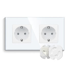 CNBINGO Glass Double Socket Flush-Mounted in White - Socket Protection Child Lock with Twist Mechanism - Double Schuko Socket - Protective Contact Wall Socket with Glass Frame