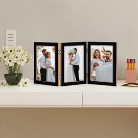 Lavezee 4x6 Black Trifold Picture Frame, Vertical Hinged Frames Made to Display Three 4 by 6 inch Photos for Wall and Tabletop Decor