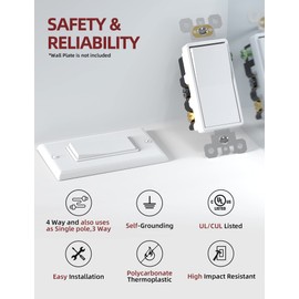 AIDA 4 Way Switch Decorative Light Switch, 15Amp, 120/277 Volt, 4 Way Decorative Light Rocker Switch Replacement, Self-Grounding, Residential and Commercial Grade, UL Listed (10 Pack, Glossy White)