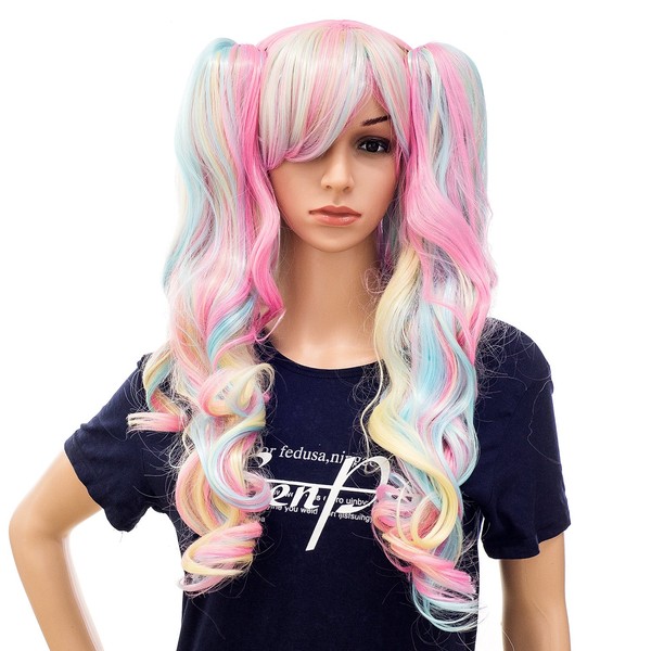 SWACC Long Curly Double Claw Clip on Ponytail Wig Synthetic Pastel Colorful Cosplay Daily Party Wig for Women and Kids with Wig Cap (Multi-Color Pink/Blue/Blonde-3)