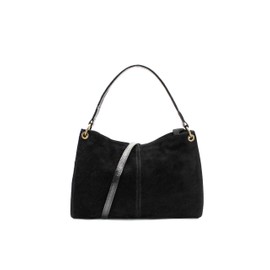 Kitise Women's Small Genuine Italian Suede Leather Tote Handbag Shoulder Bag With Detachable Strap -BLACK