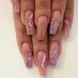 ANDGING Glitter Pink Press on Nails Coffin Medium Long Glue on Nails with Bling Ombre Curved Line Designs Manicure Fake Nails Gel False Nails for Wedding Acrylic Classy Stick on Nails for Women