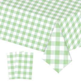 2pcs Sage Green White Checkered Table Cloth Party, 137*274cm Plastic Table Cloth Wipe Clean,Gingham Pvc TableCloth Rectangular Waterproof Plaid Table Cover for Birthday Wedding Baby Shower Party