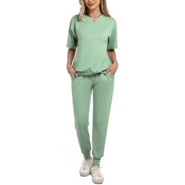 Irevial Women's Tracksuit Short Sleeve/Long Sleeve Cotton Two-Piece Tracksuit Set Crew Neck Jogging Suit Plain Sports Suit Leisure Suit 2-Piece Leisure Suit, A-light green