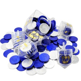 The Dreidel Company 6-Pack Dreidel Filled with Blue and Silver Hanukkah Chocolate Gelt Coins, 10 Chocolate Menorah and Dreidel Gelt, Milk Chanukah Gelt, Kosher Certified OU Dairy Total 60 Coins