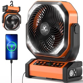 Camping Fan with Light - 20000mAh Rechargeable Battery Fan, 112Hrs Max Run Time, 8 Speeds, Digital Display, Timer, Auto Oscillation, 270° Pivot & Hook for Camping, Power Outage, Hurricane (Orange)