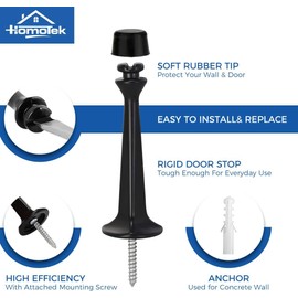 HOMOTEK 4 Pack Heavy Duty Solid Rigid Door Stop with Soft Rubber Tip, Zinc Die Cast Door Stopper Protect Wall & Door, Black