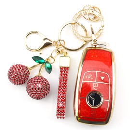 Rayslesan Sparkly Key Fob Cover with Cherry Keychain, Bling TPU Smart Key Case for Women, Compatible with Benz E, S, C, G, A Class CLA CLS GLA GLC GLE GLS SLC SL GLK GL SLK GT SLS (4-Button, Gold Red)