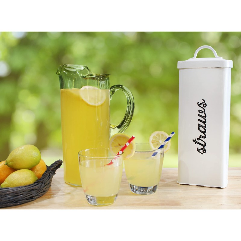 AuldHome Farmhouse Enamelware Straw Holder (White); Rustic Metal Straw Storage