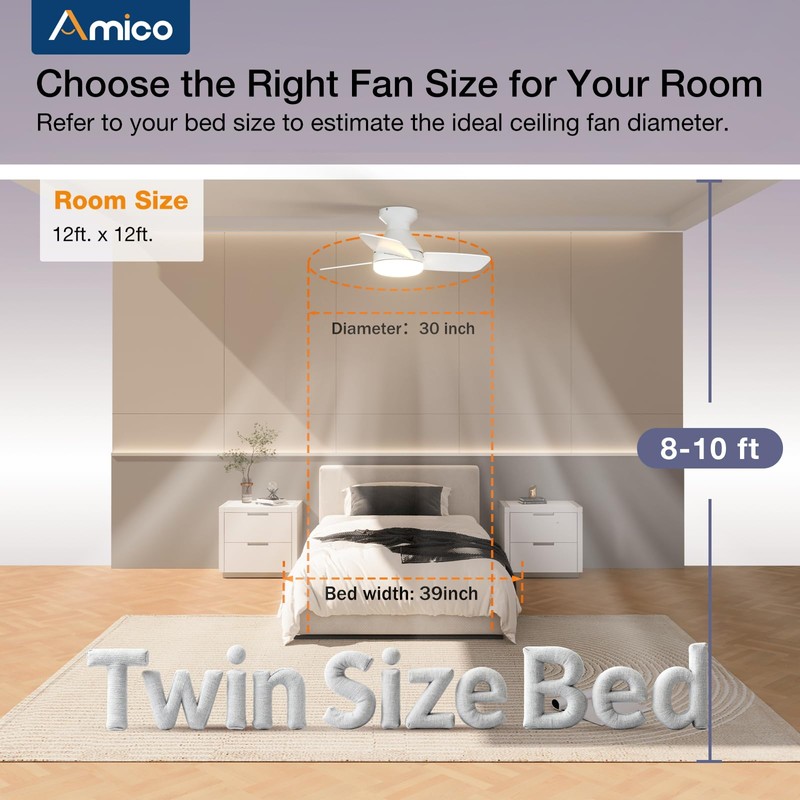 Amico Ceiling Fans with Lights, 30 inch Low Profile Ceiling