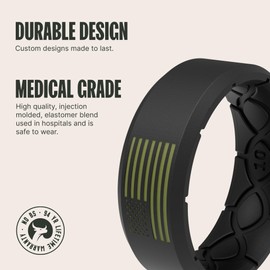 Groove Life Edge Hero Amercia Black & Moss Green Flag Ring - Breathable Silicone Wedding Rings for Men, Lifetime Coverage, Unique Design, Comfort Fit Ring - Size 11