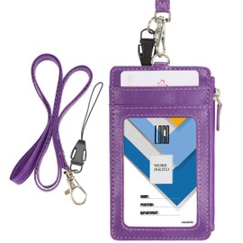 Wisdompro Badge Holder with Lanyard, 2-Sided PU Leather ID Badge Holder with 1 ID Window, 4 Card Slots, 1 Side Zipper Pocket and 1 Piece 20 Inch PU Neck Lanyard/Strap - Purple (Vertical)