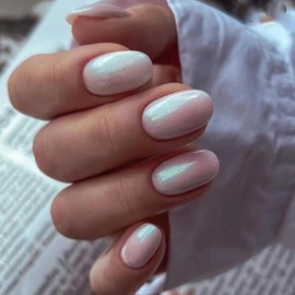 Short Press on Nails Almond Shape Fake Nails Pink False Nails Aurora Acrylic Nails Cute Artificial Nails Glossy Short Glue on Nails Full Cover Stick on Nails for Women Girls Manicure Decoration 24Pcs