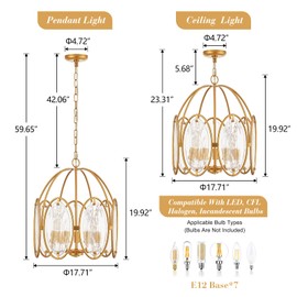 MERCASA Modern Glass Chandelier for Dining Room, Gold Drum Ceiling Pendant Lighting Fixture Cage Farmhouse Chandelier 18 Inches for Foyer Bedroom Living Room, Textured Glass