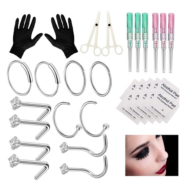 Nose Piercing Kit - SOTICA 32PCS Nose Piercing Jewelry Kit Belly Piercing Kit with 18G 20G Hollow Needles Catheter Needles Nose Rings Nose Studs Professional Nose Piercing Kit with Piercing Clamps Piercing Jewelry for Nose Piercing Supplies