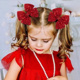 OAOLEER 2PCS Hair Bows for Girls, Red Sparkly Glitter Toddler Bows with Alligator Clips Girl Hair Accessories for Kids Teen Back to School (Red)