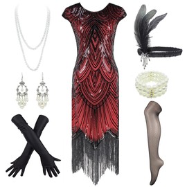 Women's Flapper Dresses 1920s Gatsby Sequin Fringed Party Costume with Headpiece (Style02-Black&Red, Large)