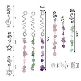 40Pcs Natural Colored Crystal Stone Hair Accessories, hoyuwak Metal Hair Charms, Silver Loc Dreadlock Spirals, Cuffs & Rings for Women's Hairstyles