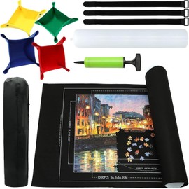 KAHEIGN Portable Jigsaw Mat, 1000/1500 /2000 Pieces Puzzles Mat Roll-Up Jigsaw Board Foldable Puzzle Saver Storage Felt Pad with 4 Sorting Trays, 3 Straps, Inflatable Tube and Pump (118CM x 80CM)