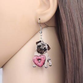 Bonsny Acrylic Valentine's Day Red Heart Love Pug Dog Earrings Drop Dangle Jewelry For Women Gift Charms