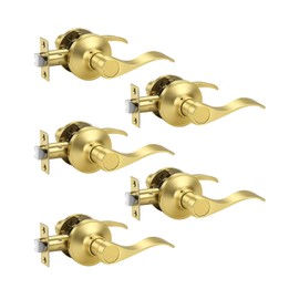 KNOBWELL 5 Pack Brushed Gold Door Lever for Closet Hallway, Wave Style Interior Doorknob Passage Door Handle