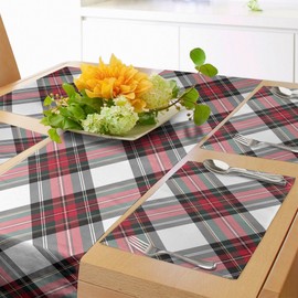 Ambesonne Tartan Table Runner & Placemats, Traditional Plaid with Diagonal Lines and Rhombuses Scottish Culture Inspirations, Set for Dining Table Decor, Placemat 4 pcs + Runner 16"x72", Coral Black