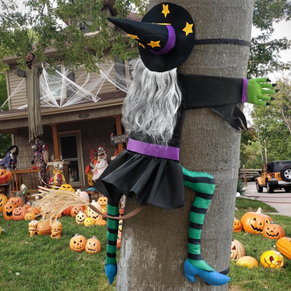 BOSONER 45" Crashing Witch Into Tree Halloween Decoration: Halloween Outdoor Decoration Tree Trunks Pillars Decor for Halloween Party