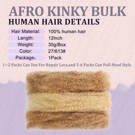 LPARMJIT Afro Kinkys Bulk Human Hair 8-Inch 30g/Bundle Kinky Curly Braiding Human Hair for Locs, Twists, Loc Repair, Dreadlock Extension. (P27/613, 12inch(1pack))
