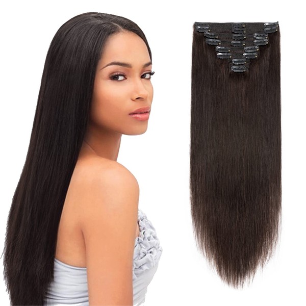 Double Weft 100% Clip in Remy Human Hair Extensions #2 Dark Brown 10''-24'' Full Head Thick Thickened Long Soft Silky Straight 8pcs 18clips for Women Fashion 16" / 16 inch 130g