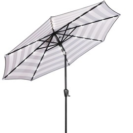 Sun-Ray 9' Round Patio Umbrella with 32 Solar Powered LED Lights, Push-Button Tilt and Hand Crank Lift, Solar Umbrella in Black and White Striped for Porch, Deck, and Patio