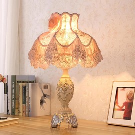 Pink European Style Desk Lamp with Fabric Shade,Victorian Table Lamp with E27 Bulb and Button Switch European Vintage Lamps for Bedroom Living Room Office Study