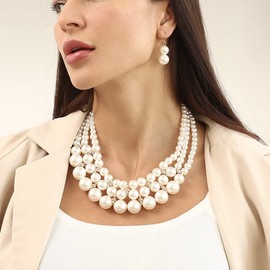 Borsgye Large Pearl Jewellery Set Imitation Pearl Necklace Cherry Bracelet Stud Earrings Women's Necklace Round Cultured Chain Statement with Pearl Earrings for Wedding Events Party - 6160, Plastic,