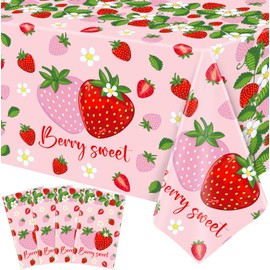 4 Pack Strawberry Tablecloth Berry Sweet One Disposable Table Cloth Pink Strawberry Birthday Party Decorations Fruit Theme Party Table Covers for Girls Berry Party Baby Shower Supplies 51X86IN