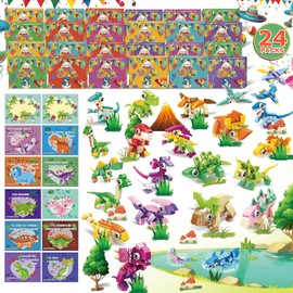 24 Pack Animal Party Favors for Kids, 3-in-1 Dinosaur Small Building Block Toy Set for Easter Basket Stuffers Goodie Bag Return Gift Birthday Party Classroom Rewards for Boys Girls Ages Student 6+
