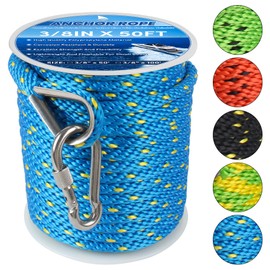 Anchor Rope 50FT x 3/8in,Premium Solid MFP Braided Anchor Rope Anchor Line,Boat Anchor Rope with Stainless Steel Thimble & Snap Hook,Boat Rope Marine Rope for Anchors and Boats (Blue/Yellow)